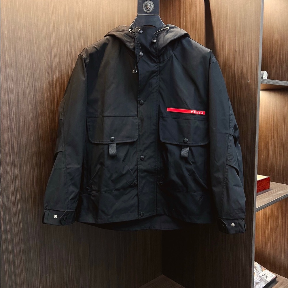 Prada Black Hooded Raincoat with Red Logo Accent